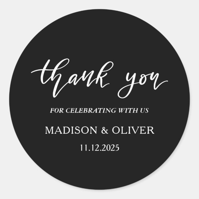 Elegant Handwritten Script Thank You Wedding Classic Round Sticker (Front)