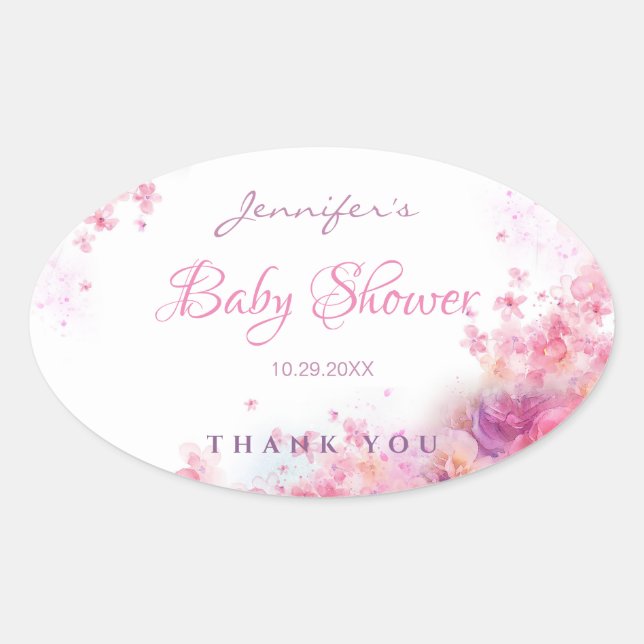 Elegant Handwritten Script Watercolor Baby Shower Oval Sticker (Front)