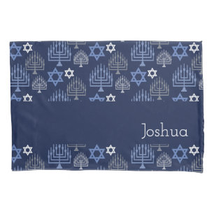 Elegant Hanukkah Menorah Blue Holiday Pattern Pillowcase