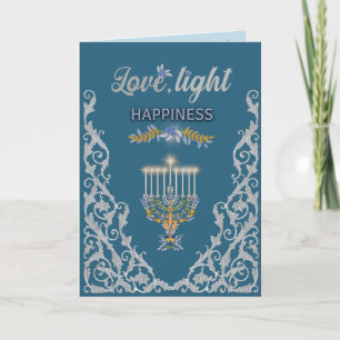 Elegant Hanukkah Menorah Grey Ornamental Card