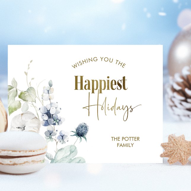 Elegant Happiest Holidays, Winter Greenery Holiday Postcard (Creator Uploaded)