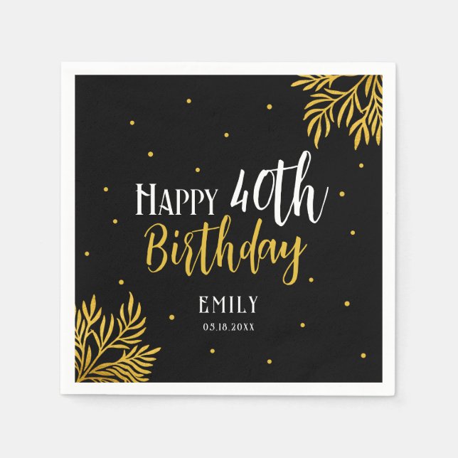 Elegant Happy 40th Birthday Gold Foliage Party Napkin (Front)