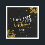 Elegant Happy 60th Birthday Gold Foliage Party Napkin<br><div class="desc">Elegant Happy 60th Birthday Gold Foliage Party Napkins. An elegant gold foliage on a black background. Add your name and age,  and make your own birthday party napkins.</div>
