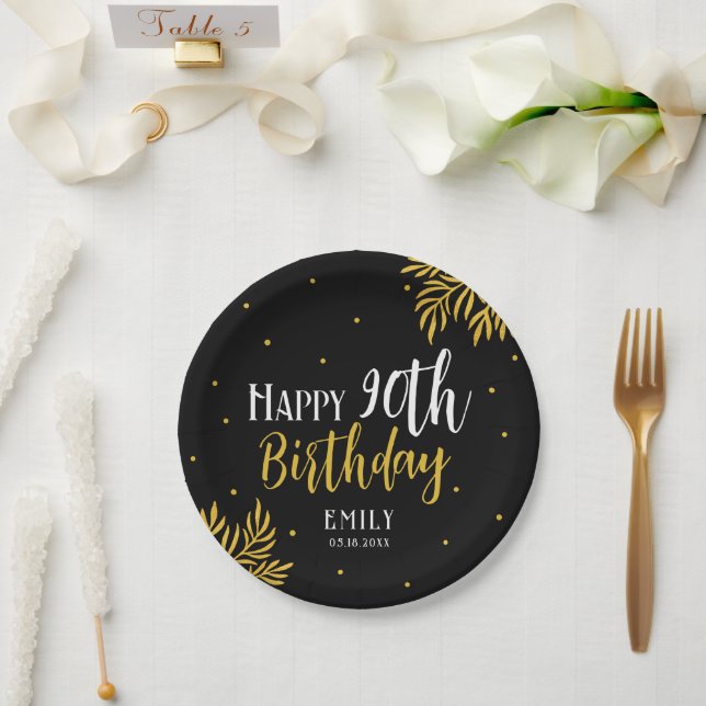 Elegant Happy 90th Birthday Gold Foliage Party Paper Plate (Wedding)