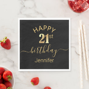 elegant happy birthday 21st gold black napkin