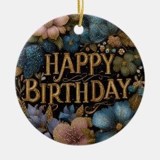 Elegant Happy Birthday greeting with golden text Ceramic Ornament
