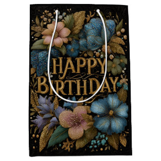 Elegant Happy Birthday greeting with golden text Medium Gift Bag