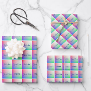 Elegant Happy Birthday Rainbow Art Squared Pattern Wrapping Paper Sheet