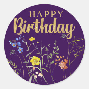 Elegant Happy Birthday Wildflowers Round Sticker