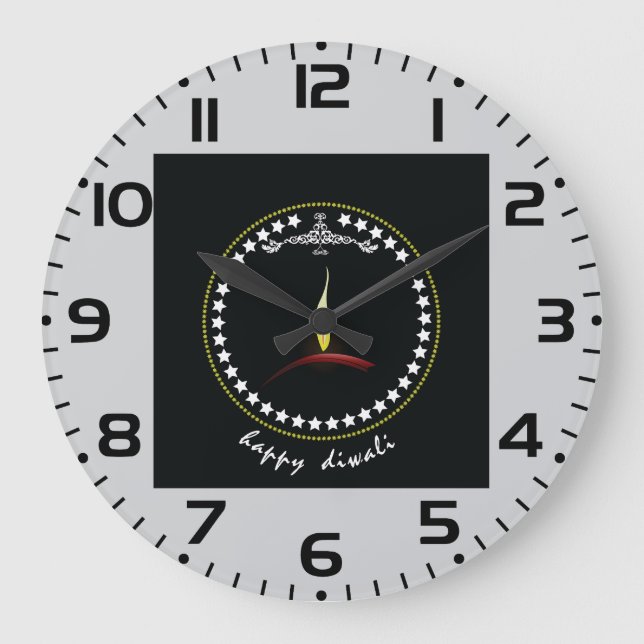 Elegant Happy Diwali Diya Flame Star Wreath Large Clock (Front)