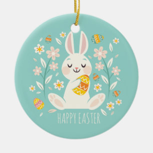 Elegant Happy Easter Bunny   Ceramic Ornament
