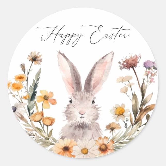 Elegant Happy Easter Bunny Wildflower Floral Classic Round Sticker (Front)