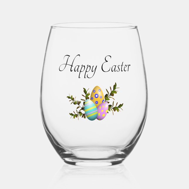 Elegant Happy Easter Decorative Eggs  Stemless Wine Glass (Front)