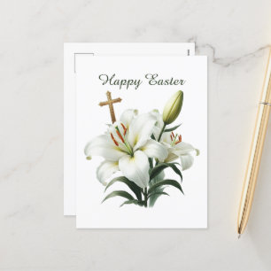 Elegant Happy Easter Lilly Cross Holiday Postcard