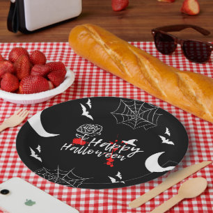 Elegant Happy Halloween Rose & Bats Paper Plate