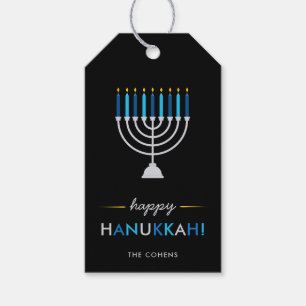 Elegant Happy Hanukkah Black with Silver Menorah Gift Tags