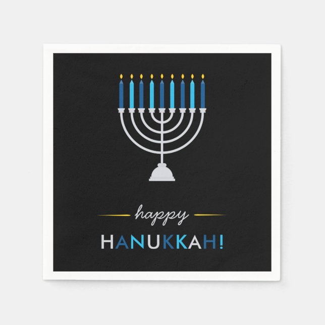 Elegant Happy Hanukkah Black with Silver Menorah Napkin (Front)