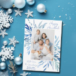 Elegant Happy Hanukkah Blue Botanical Family Photo Holiday Card<br><div class="desc">Beautiful blue watercolor botanical leaves spring out of your vertical Jewish family photograph for a Happy Hanukkah. Personalize this elegant Chanukah photo card with a 2nd horizontal picture on the back.</div>