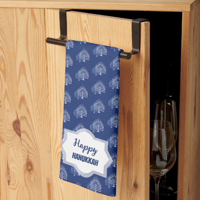 Elegant Happy Hanukkah Blue Menorah Pattern Kitchen Towel (Thirds Fold)