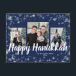 Elegant Happy Hanukkah Postcard<br><div class="desc">Elegant Happy Hanukkah Postcard. This elegant postcard features a festive frame overlay of white snowflakes with white text on a navy blue background with a photo collage of 3 images. The back includes a 4th photo and additional text for personalizing.</div>
