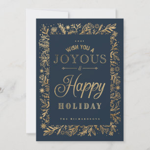 Elegant Happy Holiday Gold Foliage & Snowflakes Card