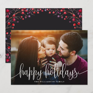 Elegant Happy Holidays Berries Back Photo White Holiday Card