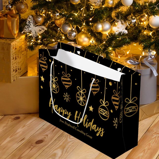 Elegant Happy Holidays Black Gold Custom Business Large Gift Bag (Creator Uploaded)