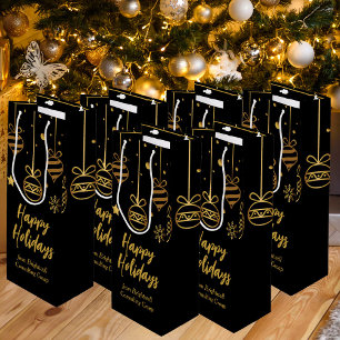 Elegant Happy Holidays Black Gold Custom Business Wine Gift Bag