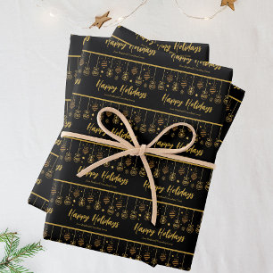 Elegant Happy Holidays Black Gold Custom Business Wrapping Paper Sheet