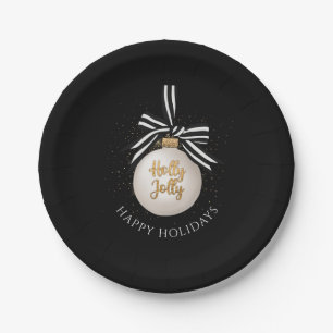 Elegant Happy Holidays Christmas Bauble Black Paper Plate