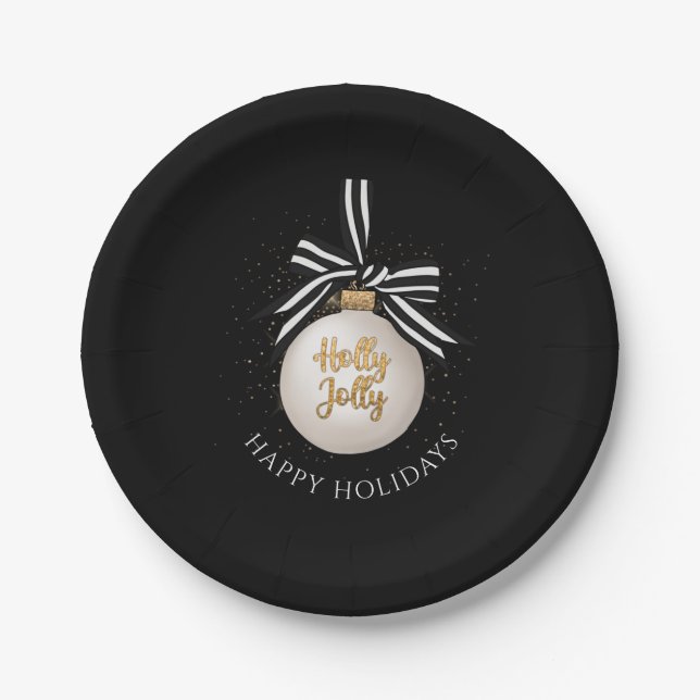 Elegant Happy Holidays Christmas Bauble Black Paper Plate (Front)
