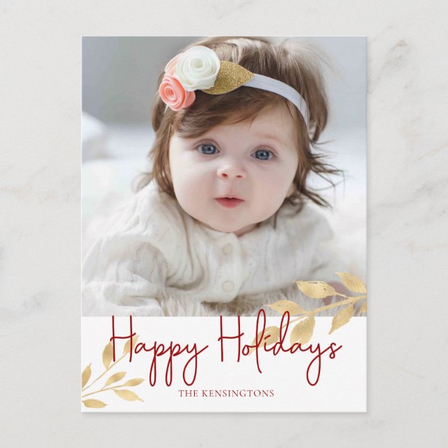 Elegant Happy Holidays Gold Leaves Photo Holiday Postcard (Front)
