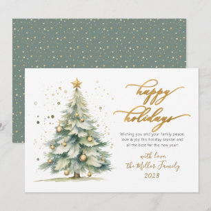 Elegant Happy Holidays Gold Script Christmas Tree Holiday Card