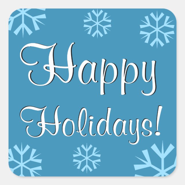 Elegant Happy Holidays in Blue with Snowflakes Square Sticker (Front)