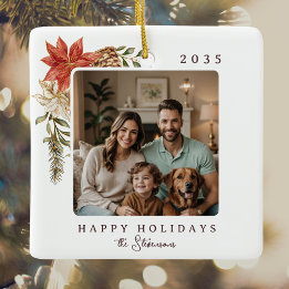 Elegant Happy Holidays Poinsettia Photo Ceramic Ornament