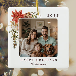 Elegant Happy Holidays Poinsettia Photo Ceramic Ornament