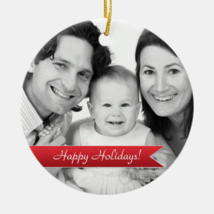 Elegant Happy Holidays Red Ribbon Family Photo Ceramic Ornament