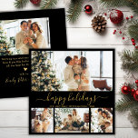 Elegant Happy Holidays Script Black Gold 5 Photo Holiday Card<br><div class="desc">Elegant „Happy Holidays” Calligraphy Script Black and Gold 5 Photo Christmas Holiday Card. This festive, mimimalist, whimsical four (4) photo collage and one (1) photo on the back side holiday card template features a pretty „Happy Holidays” text which is written in a beautiful hand lettered swirly swash-tail font script. On...</div>
