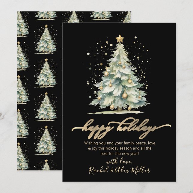Elegant Happy Holidays Script Tree Non Photo Black Holiday Card (Front/Back)
