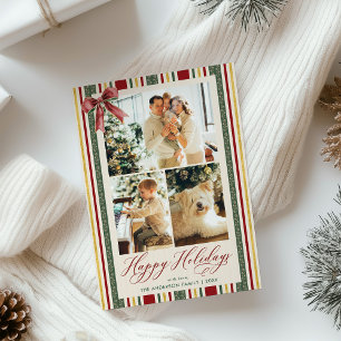 Elegant Happy Holidays Vintage Stripes Bow 3 Photo Holiday Card