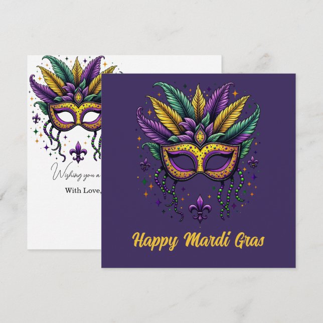 Elegant Happy Mardi Gras Feathered & Mask Holiday Card (Front/Back)