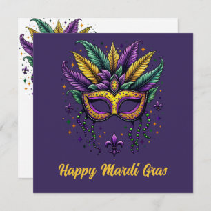 Elegant Happy Mardi Gras Feathered & Mask Holiday Card
