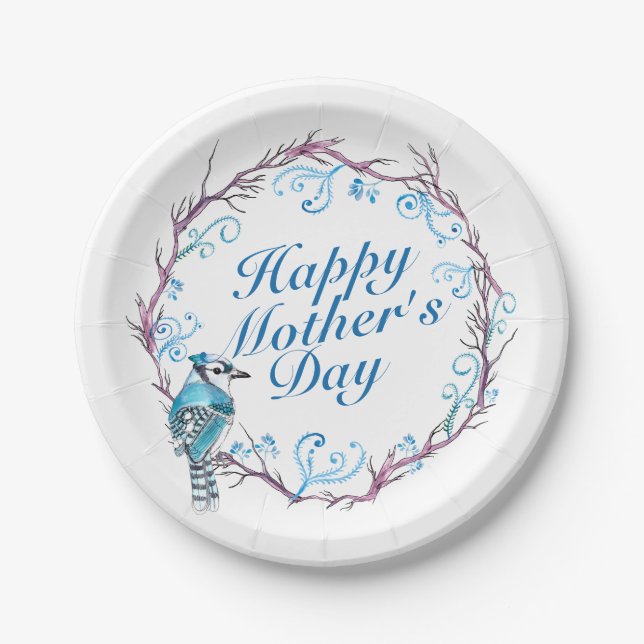 Elegant Happy Mother's Day Blue Wreath Paper Plate (Front)