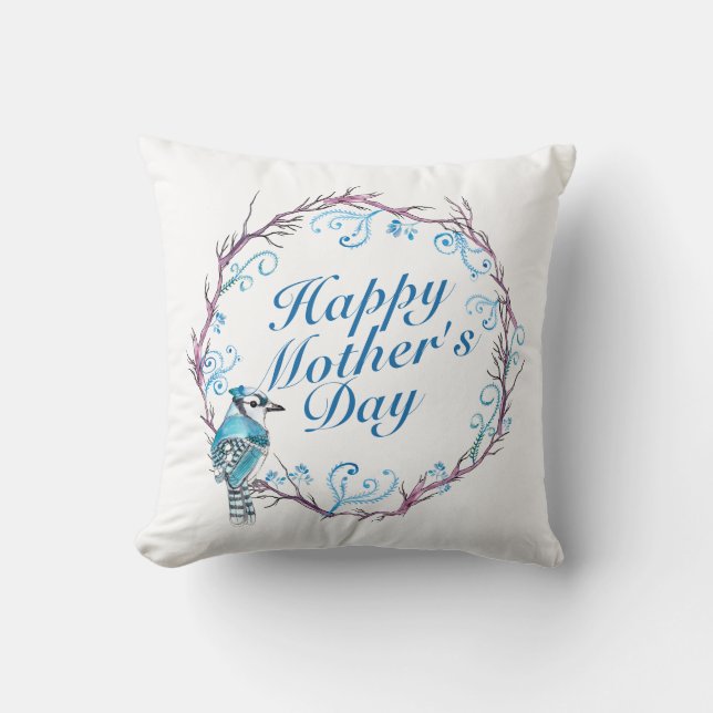 Elegant Happy Mother's Day Blue Wreath | Pillow (Front)