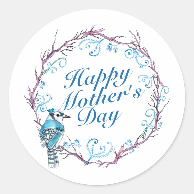 Elegant Happy Mother's Day Blue Wreath Sticker (Front)