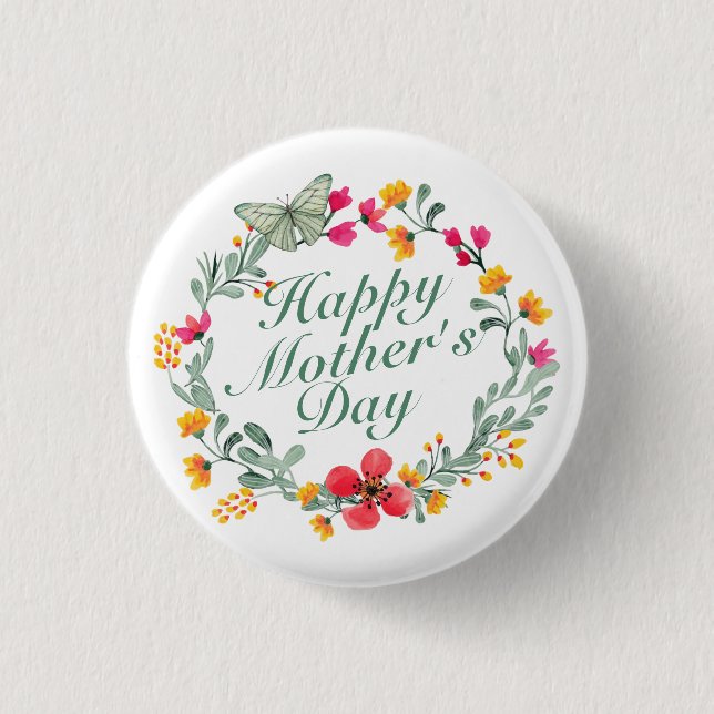 Elegant Happy Mother's Day Floral Wreath Button (Front)