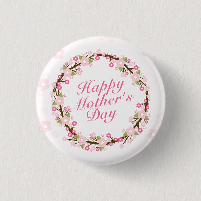 Elegant Happy Mother's Day Floral Wreath Button (Front)