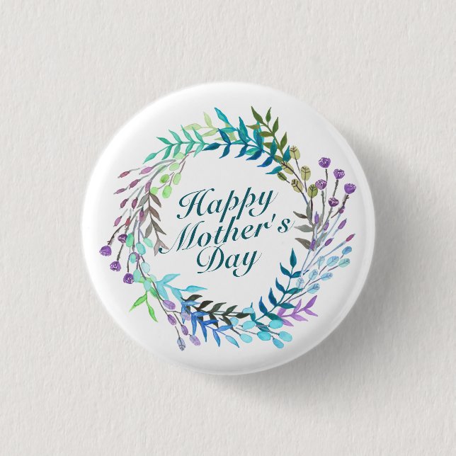 Elegant Happy Mother's Day Floral Wreath Button (Front)