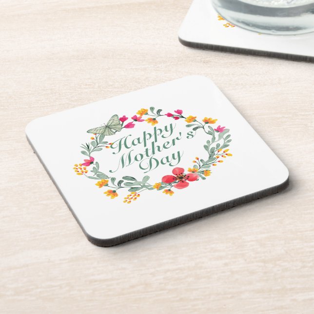 Elegant Happy Mother's Day Floral Wreath Coaster (Left Side)