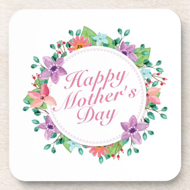 Elegant Happy Mother's Day Floral Wreath | Coaster (Front)